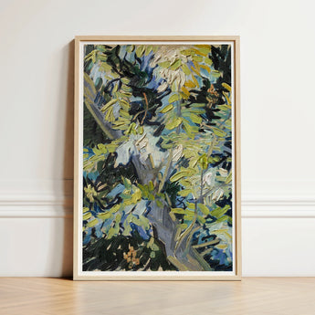 Framed Impressionist-style Painting Tree Textured Brushstrokes Greens Blues Vincent Van Goh Art Print, Acacia Branches Canvas Hums, Gogh