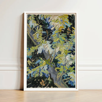 Framed Impressionist-style Painting Tree Textured Brushstrokes Greens Blues Vincent Van Goh Art Print, Acacia Branches Canvas Hums, Gogh