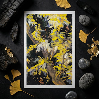 Acacia Branches - Vincent Van Gogh Art Print / Canvas Framed Abstract Painting Vibrant Yellow White Brushstrokes Dark Vincent Gogh Art