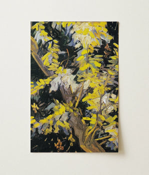 Vibrant Impressionistic Painting Tree Bold Yellow Blossoms Dark Vincent Van Gogh Art Print, Light Fractures, Petals Shaped