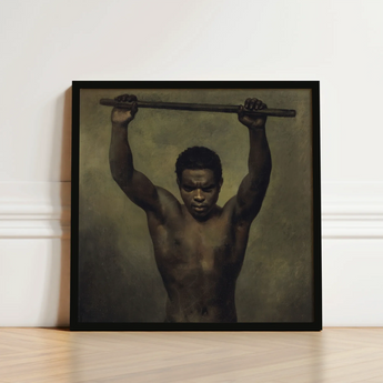 Academy Study of a Man - French School 19th c Art Print / Canvas Black-framed Painting Muscular Black Barbell Rendered Muted Academic,