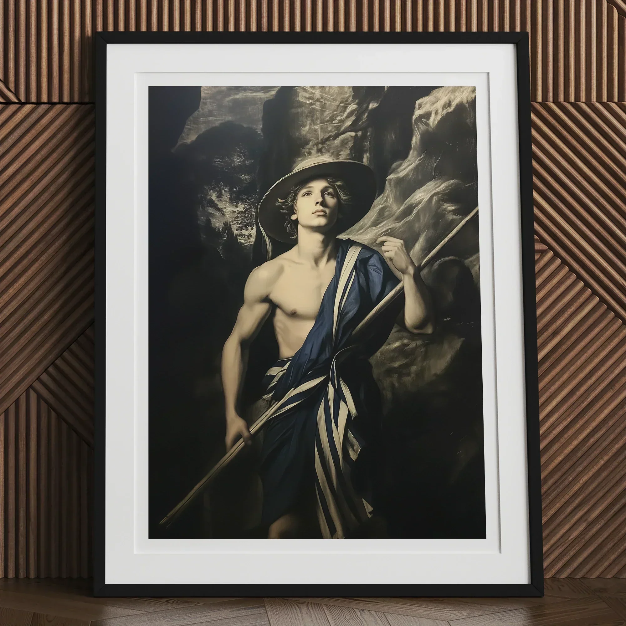 Achillean Beat - Gay Explorer Art Print, 12x16’’ / 31x41cm / Black Frame, Framed Dramatic Portrait Photograph Shirtless Figure Hat Draped