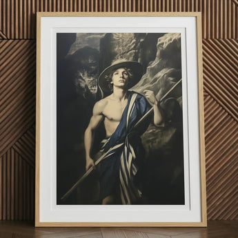 Achillean Beat - Gay Explorer Art Print, 12x16’’ / 31x41cm / Natural Frame / 2’’ Matboard, Framed Artwork Shirtless Man Hat Staff