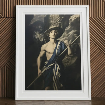 Achillean Beat - Gay Explorer Art Print, 12x16’’ / 31x41cm / White Frame / 2’’ Matboard, White-framed Portrait Shirtless Man Hat Staff