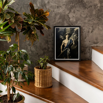 Achillean Beat - Gay Explorer Art Print, Black White Framed Artwork Wooden Stairs Alongside Potted