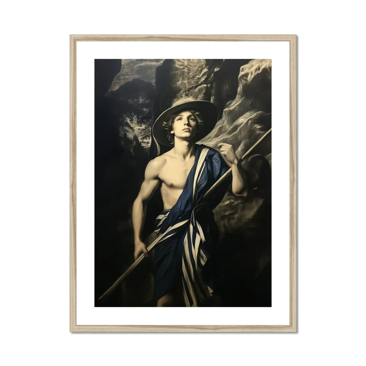 Achillean Beat Gay Explorer Art Print, Dramatic Black White Photograph Shirtless Figure Draped Cloth