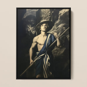 Achillean Beat - Gay Explorer Framed Canvas, 12x16’’ / 31x41cm / Black Floating Frame, Framed Painting Young Man Classical Style