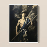 Achillean Beat - Gay Explorer Framed Canvas, 12x16’’ / 31x41cm / White Floating Frame, Framed Painting Young Man Hat Staff
