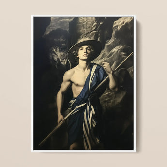 Achillean Beat - Gay Explorer Framed Canvas, 12x16’’ / 31x41cm / White Floating Frame, Framed Painting Young Man Hat Staff