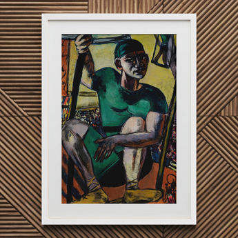 Acrobat on the Trapeze - Max Beckmann Art Print / Canvas Framed Artwork Stylized Figure Green Attire Seated Orange Max Beckmann’s Acrobat,