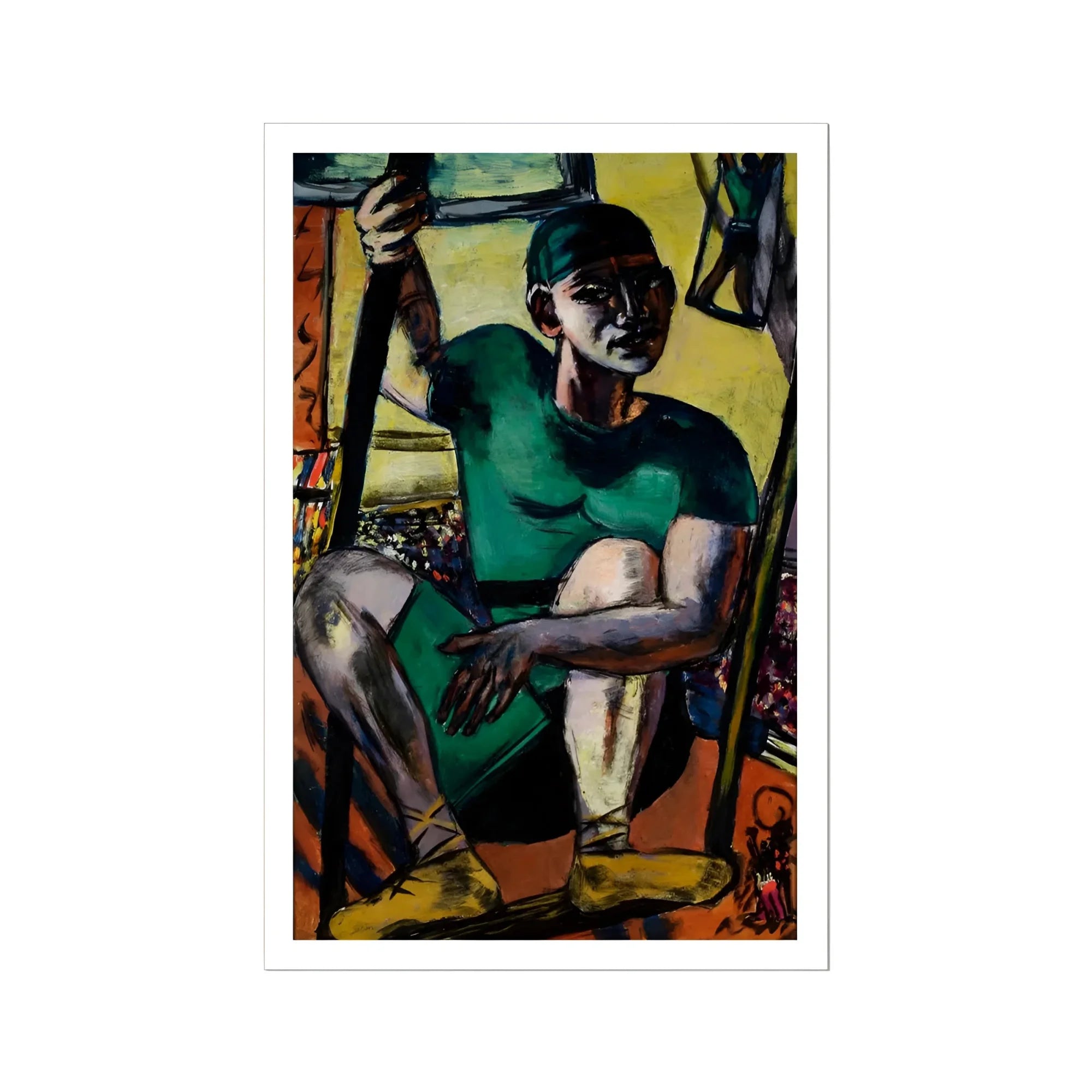 Acrobat on the Trapeze - Max Beckmann Art Print, Expressionist Painting Seated Figure Green Shirt Contemplative Pose