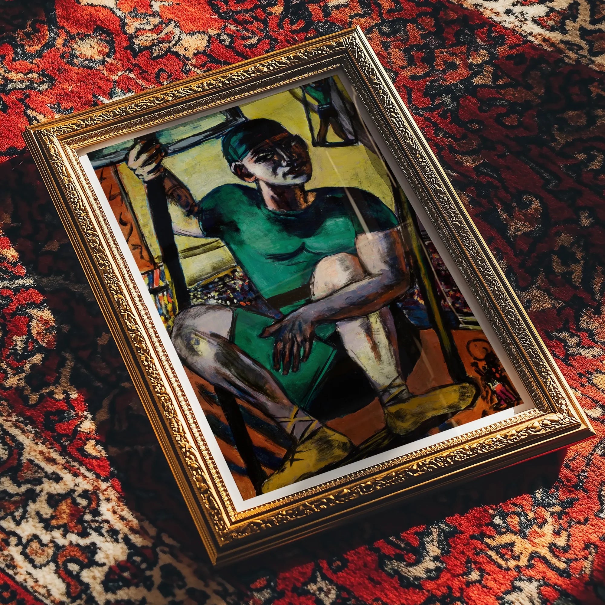 Acrobat on the Trapeze - Max Beckmann Art Print, Framed Painting Person Green Outfit Angular Stylized Pose