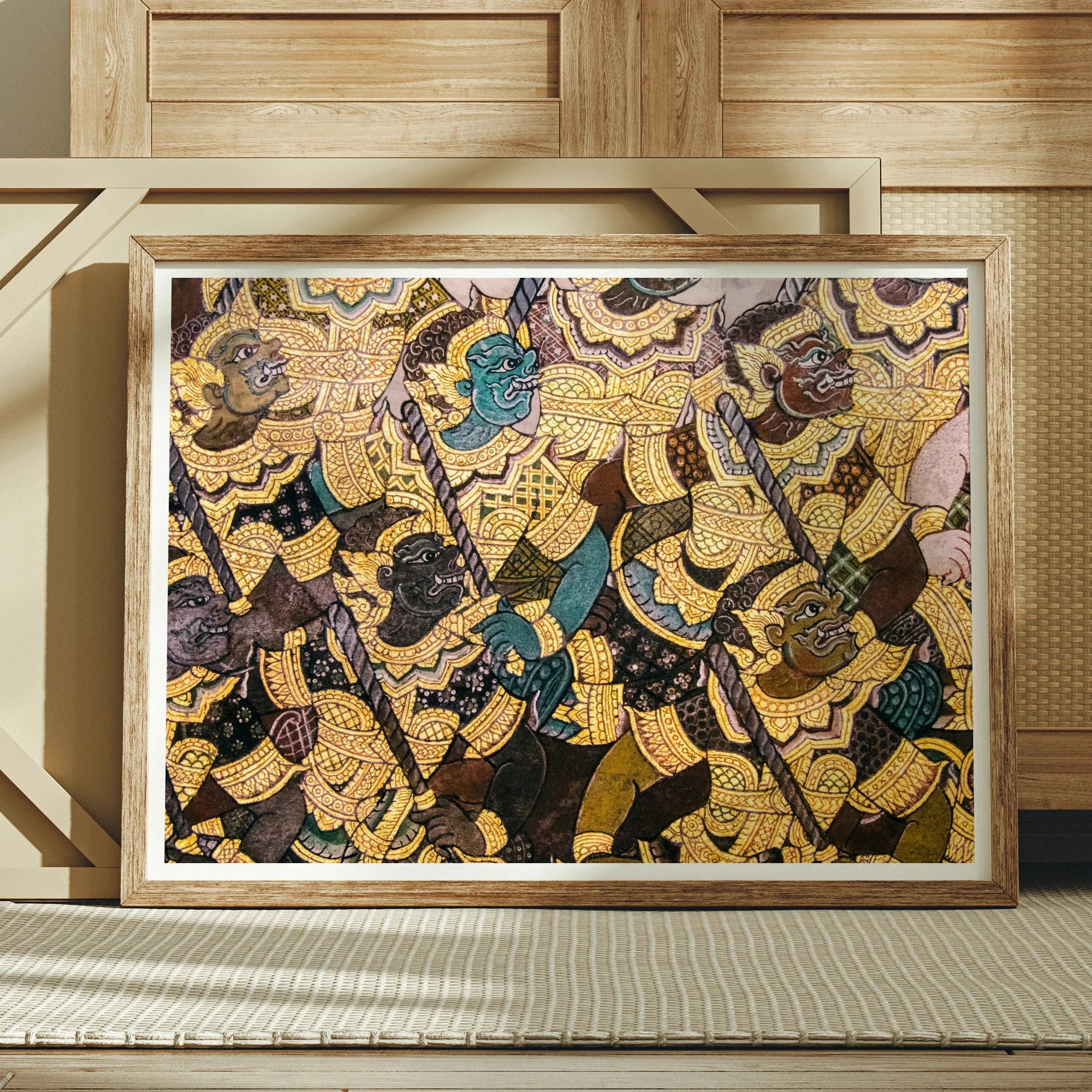 Action Men Ancient Thai Temple Art Print, 24’’x18’’ / Unframed, Framed Traditional Thai Style Artwork Figures Vibrant Colors Ornate