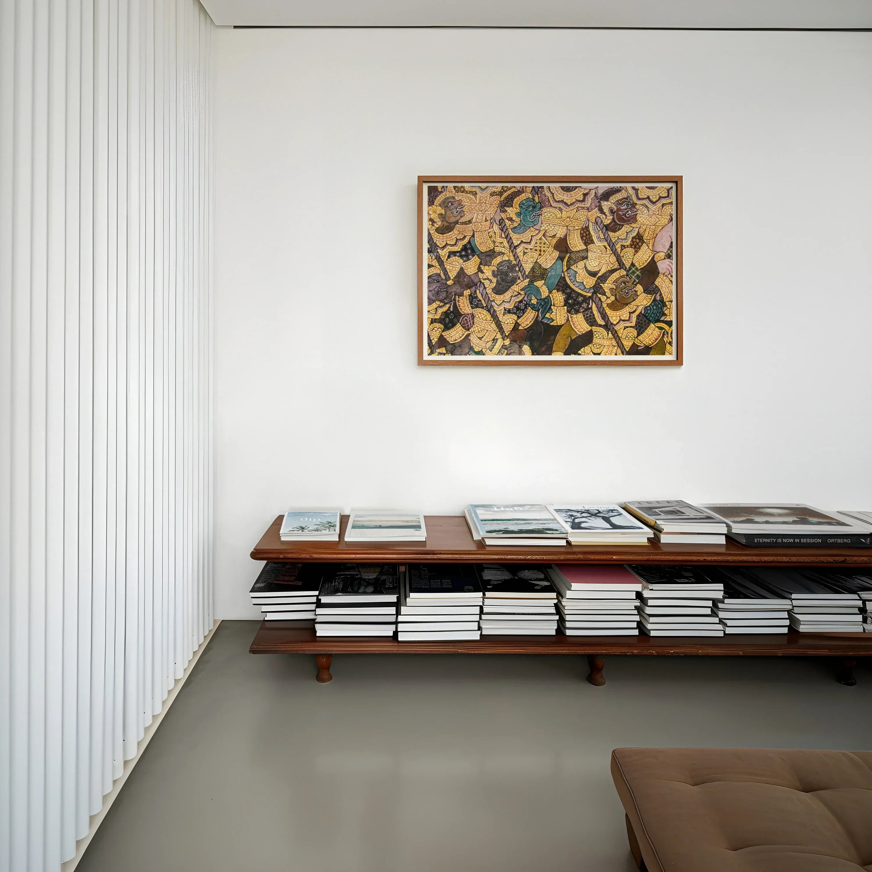 Action Men Ancient Thai Temple Art Print, 40x30’’ / 101x76cm / Unframed, Long Wooden Bench Stacks Books Abstract Artwork Mounted