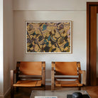 Action Men Ancient Thai Temple Art Print, 48x40’’ / 122x101cm / Unframed, Two Mid Century Modern Leather Chairs Wooden Frames Positioned