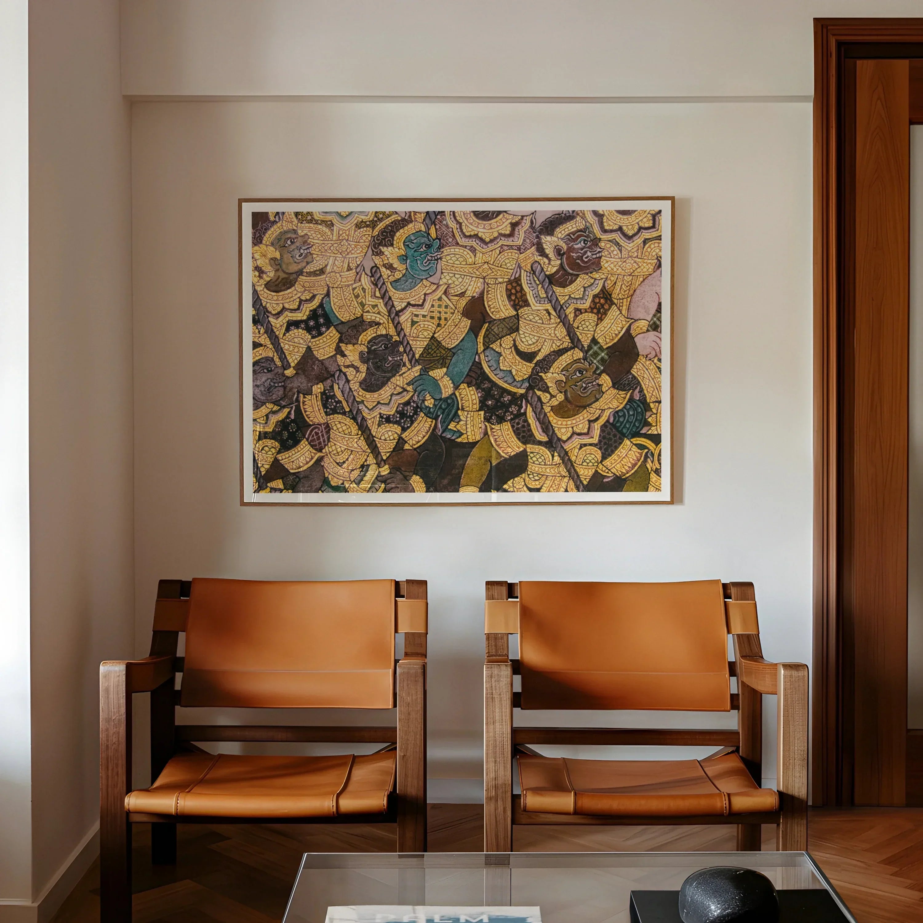 Action Men Ancient Thai Temple Art Print, 48’’x40’’ / Unframed, Two Mid Century Modern Leather Chairs Wooden Frames Positioned