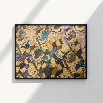 Framed Artwork Intricately Detailed Colorful Mythological Figures Ornate Vibrant Thai Fresco, Tumultuous Battle Scene, Ancient Temple