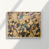 Framed Thai-style Artwork Intricately Detailed Colorful Warrior Figures Vibrant Thai Fresco, Tumultuous Battle Scene, Ancient Temple