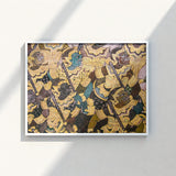 Framed Artwork Intricately Detailed Colorful Mythological Figures Ornate Vibrant Thai Fresco, Tumultuous Battle Scene, Ancient Temple