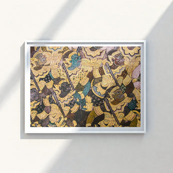 Framed Artwork Vibrant Intricately Detailed Scene Mythological Warriors Thai Fresco, Tumultuous Battle, Ancient Temple