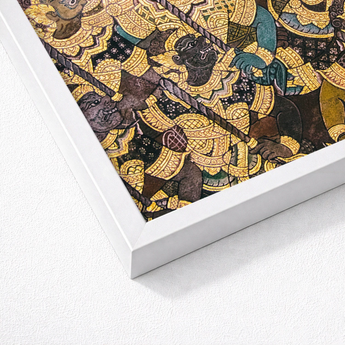 Framed Artwork Intricate Golden-embossed Illustrations Mythological Figures Dynamic Vibrant Thai Fresco, Tumultuous Battle Scene, Ancient