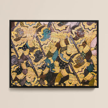 Action Men - Ancient Thai Temple Art Print / Canvas Vibrant Intricately Detailed Framed Artwork Dynamic Battle Scene Thai Fresco,