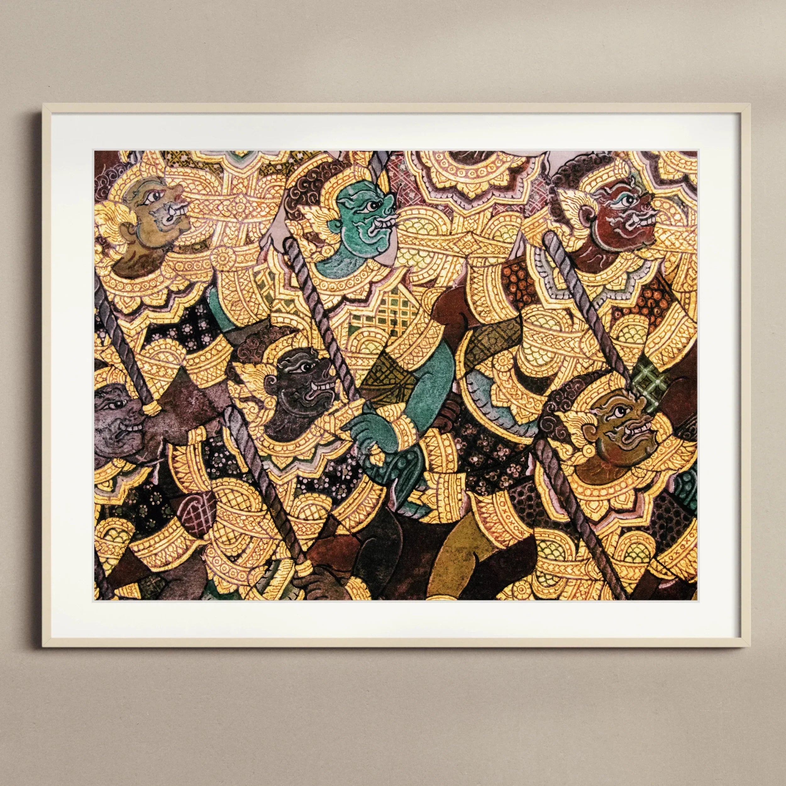 Action Men Ancient Thai Temple Art Print, Framed Traditional Thai Mural Artwork Mythological Figures Gold