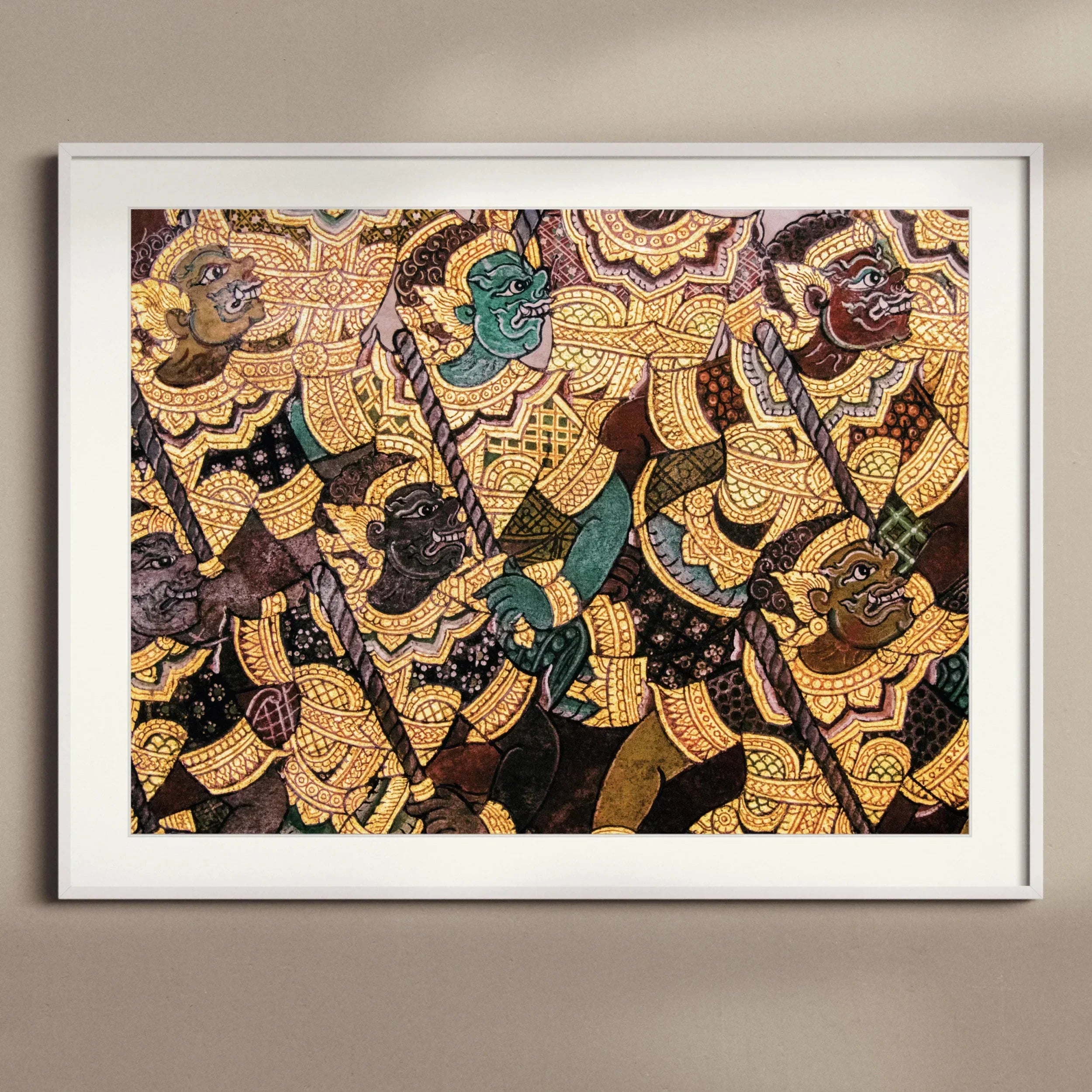 Action Men Ancient Thai Temple Art Print, Framed Traditional Thai Mural Artwork Mythological Figures Gold