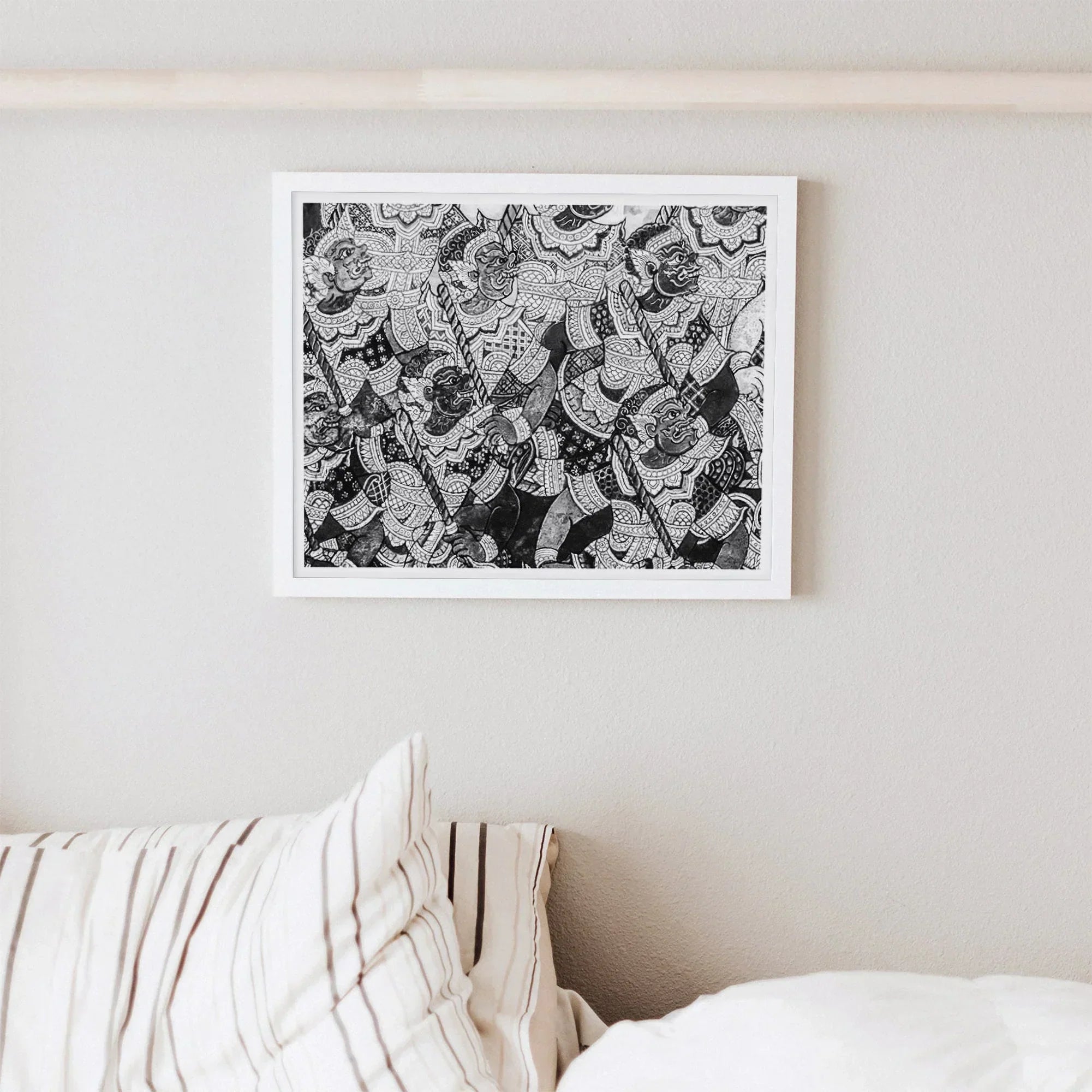 Action Men Black and White Thai Temple Art Print, 16x12’’ / 41x31cm / Unframed, Framed Black White Artwork Intricate Figures Dynamic Crowded