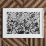 Action Men - Black and White Thai Temple Art Print, 24x18’’ / 61x46cm / Unframed, Framed Black White Artwork Intricate Thai-style Figures