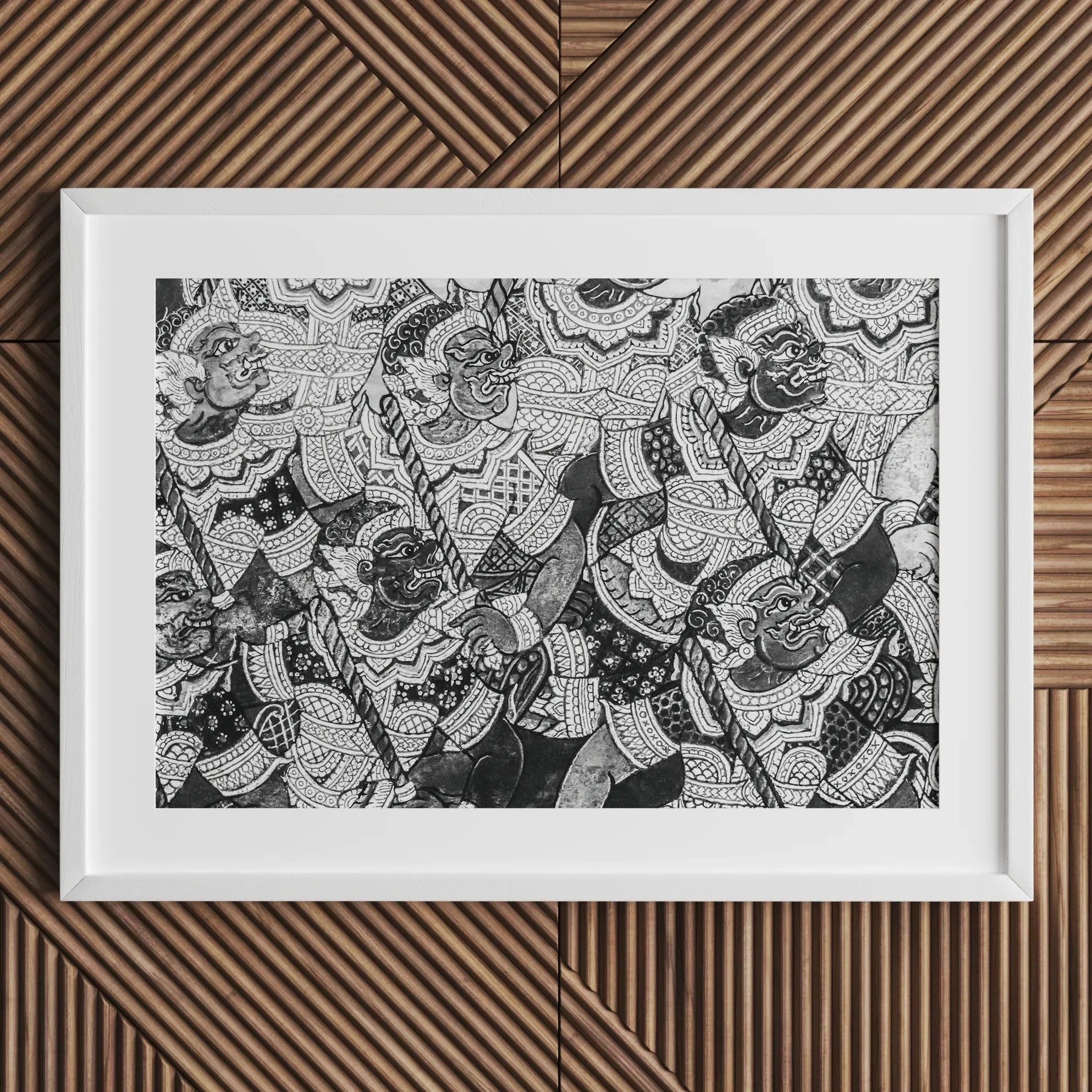 Action Men Black and White Thai Temple Art Print, 24x18’’ / 61x46cm / Unframed, Framed Black White Artwork Intricate Thai Style Figures