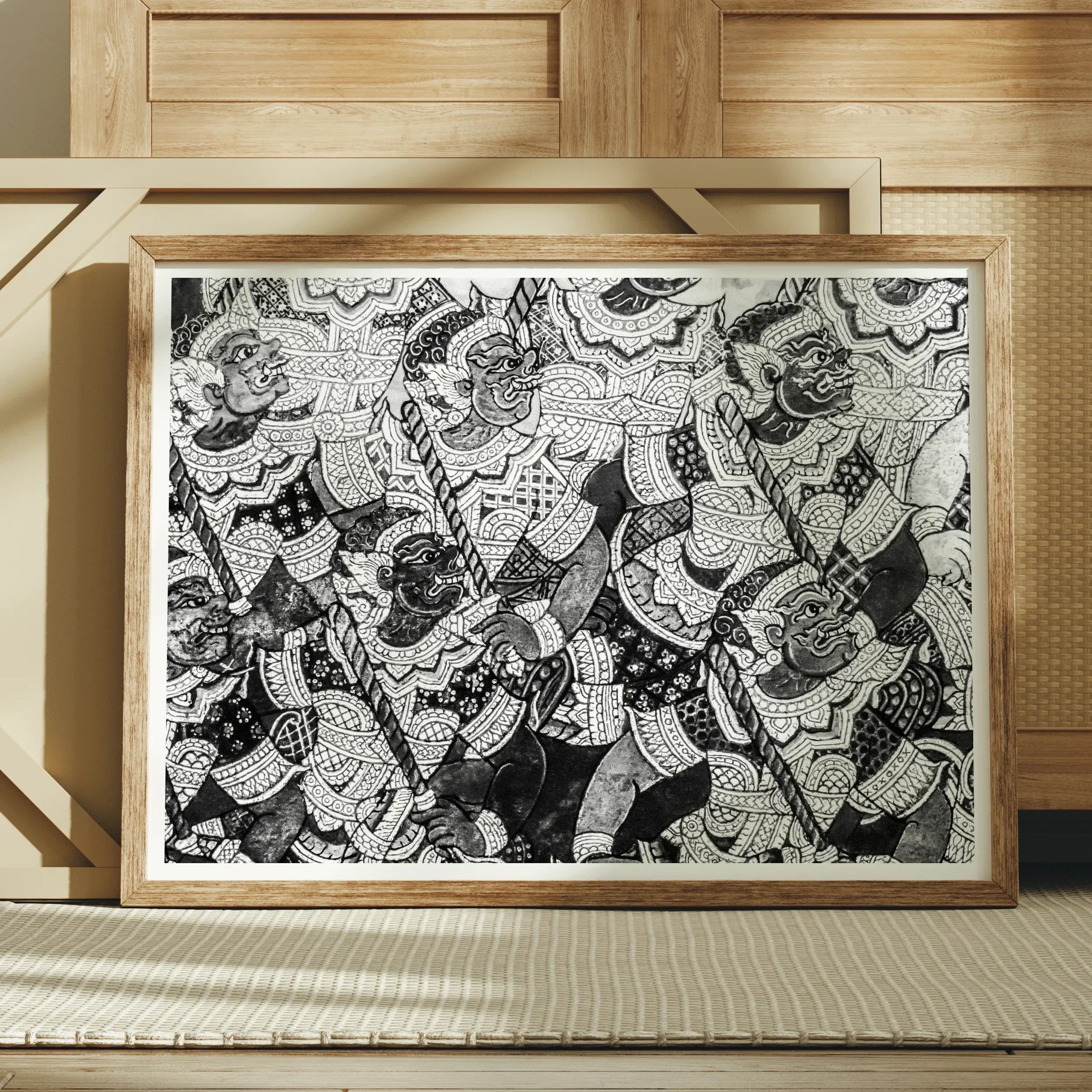 Action Men Black and White Thai Temple Art Print, 32x24’’ / 81x61cm / Unframed, Framed Black White Artwork Abstract Pattern Figures Shapes
