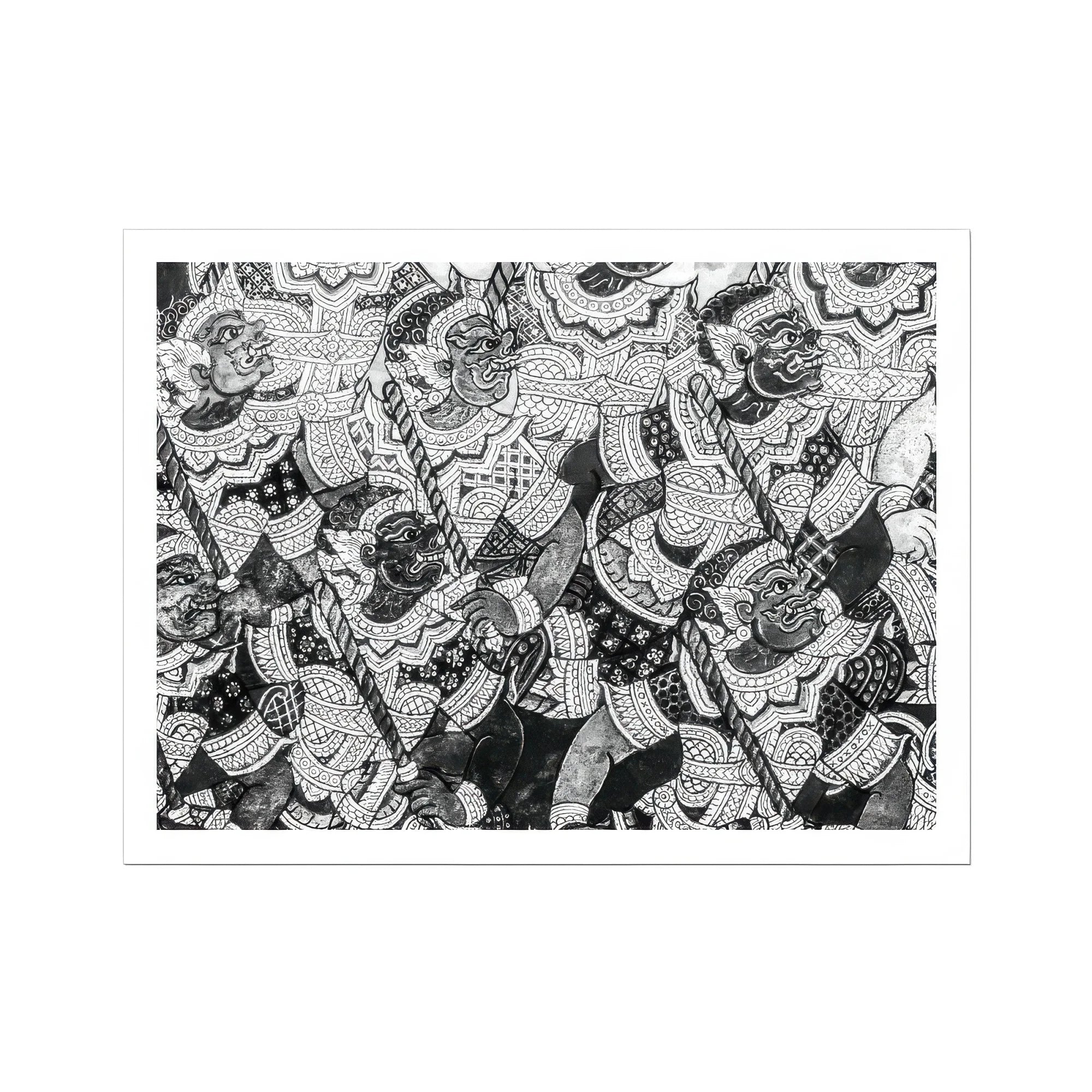 Action Men - Black and White Thai Temple Art Print, Black White Abstract Pattern Geometric Shapes Floral Motifs