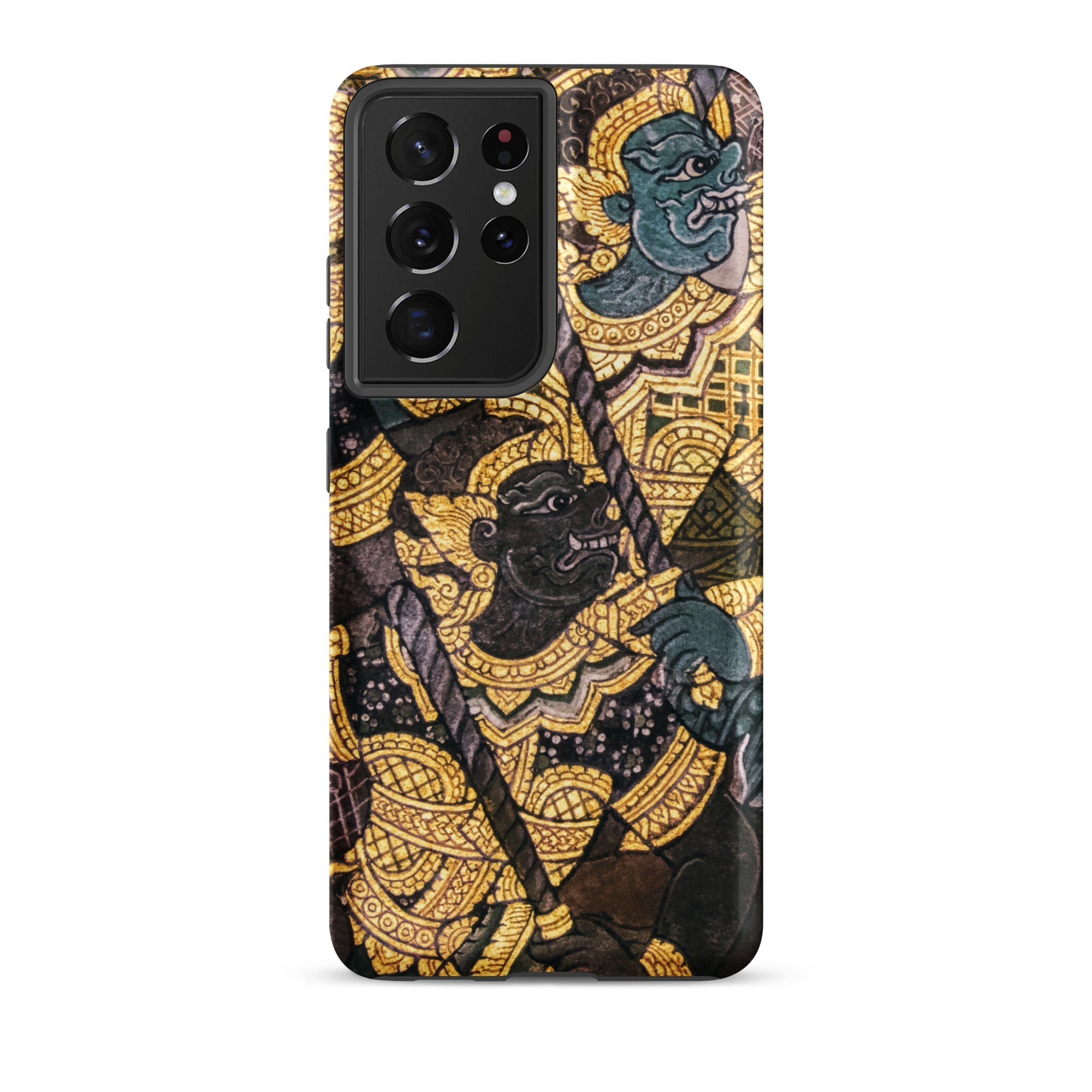 Action Men Thai Temple Art Samsung Case, Galaxy S21 Ultra / Glossy, Black Smartphone Gold Patterned Case Mythical Figures