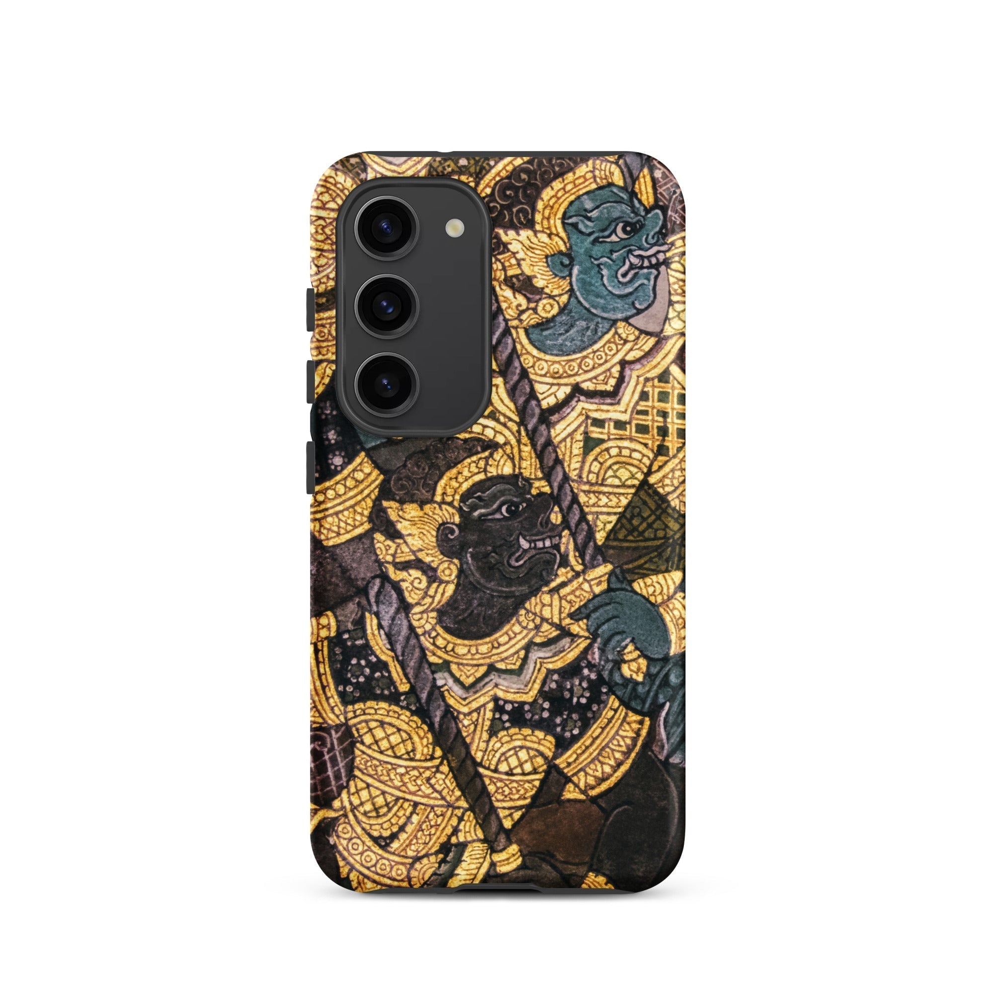 Action Men Thai Temple Art Samsung Case, Galaxy S23 / Glossy, Black Phone Case Gold Mythical Creature Design