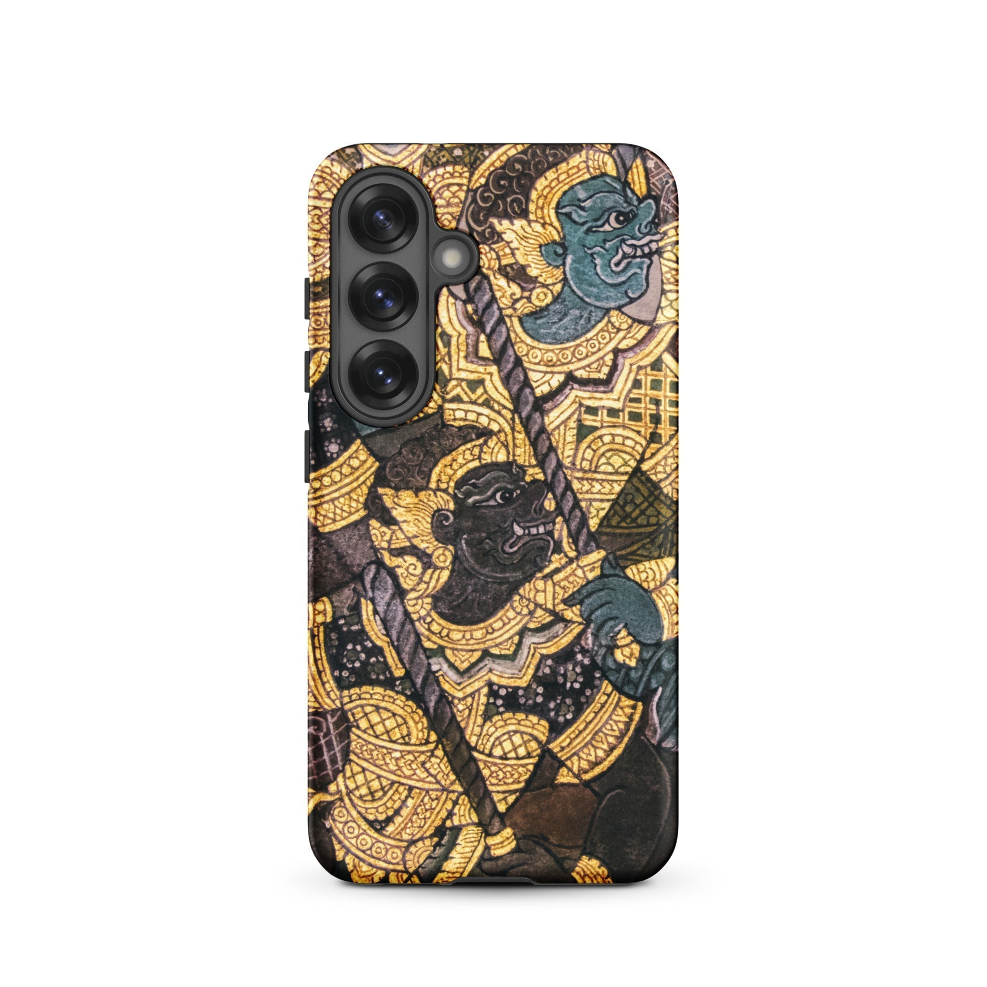 Action Men Thai Temple Art Samsung Case, Galaxy S25 / Glossy, Black Smartphone Case Gold Patterned Design Two Mythical