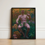 Adam in Paradise - Kristian Zahrtmann Fine Art Print / Canvas Framed Painting Nude Male Figure Seated Amidst Lush Detonates Genesis, Marble
