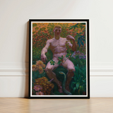 Adam in Paradise - Kristian Zahrtmann Fine Art Print / Canvas Framed Nude Male Figure Seated Amidst Detonates Genesis, Marble Satyr