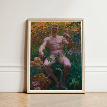 Adam in Paradise - Kristian Zahrtmann Fine Art Print / Canvas Framed Painting Nude Male Figure Seated Amidst Lush Detonates Genesis, Marble