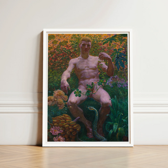 Adam in Paradise - Kristian Zahrtmann Fine Art Print / Canvas Framed Nude Male Figure Seated Amidst Detonates Genesis, Marble Satyr