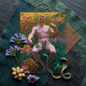 Adam in Paradise - Kristian Zahrtmann Fine Art Print / Canvas Rectangular Vividly Painted Portrait Nude Male Figure Surrounded Detonates