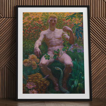 Adam in Paradise - Kristian Zahrtmann Fine Art Print / Canvas Black Framed Art Print Man Center Surrounded Vibrant Paradise Detonates