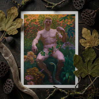Adam in Paradise - Kristian Zahrtmann Fine Art Print / Canvas Framed Painting Nude Male Figure Seated Amidst Lush Paradise Detonates