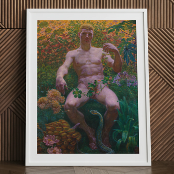 Adam in Paradise - Kristian Zahrtmann Fine Art Print / Canvas White Framed Poster Man Nature Green Plants Flowers Paradise Detonates