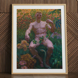 Adam in Paradise - Kristian Zahrtmann Fine Art Print / Canvas Wooden Framed Artwork Nude Male Figure Seated Amidst Paradise Detonates
