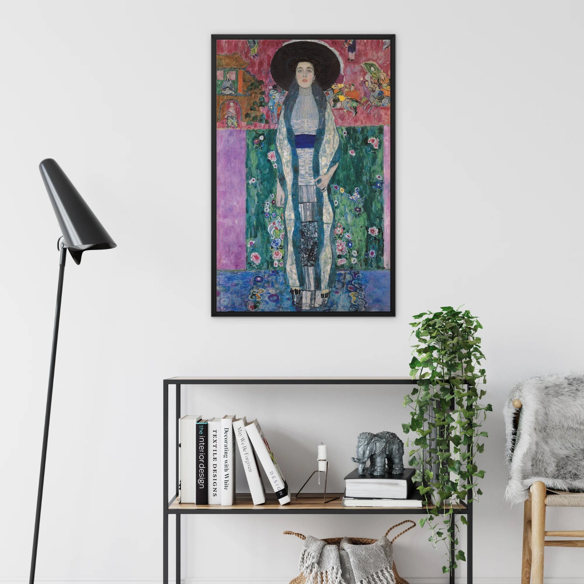 Adele Bloch-bauer - Gustav Klimt Framed Canvas, Art Print Figure Blue Decorative Floral Background