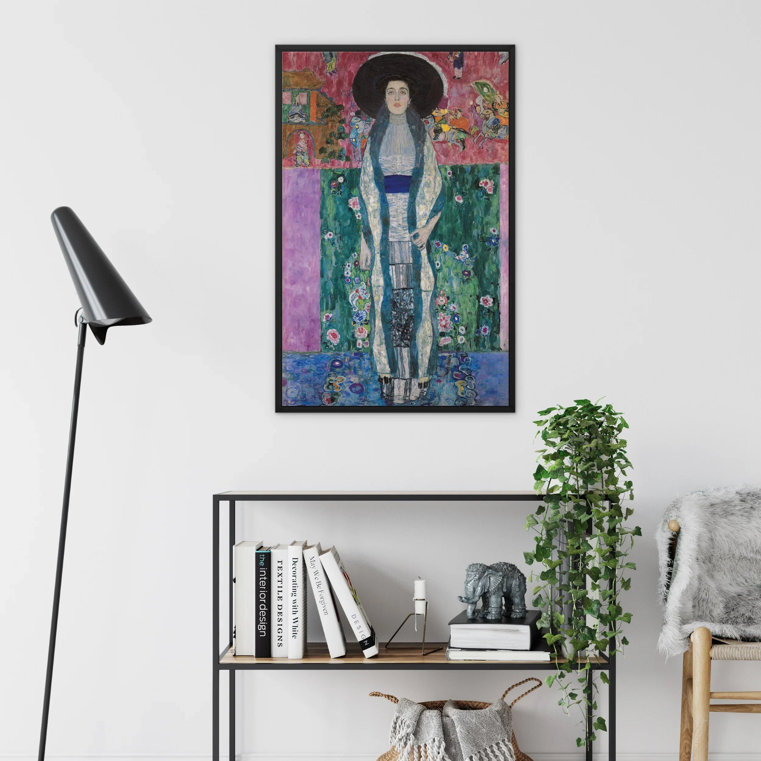 Adele Bloch-bauer - Gustav Klimt Framed Canvas, Art Print Figure Blue Decorative Floral Background