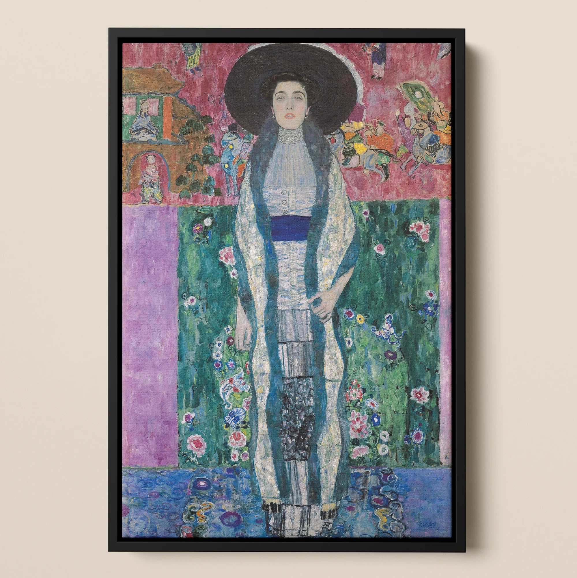 Adele Bloch-bauer - Gustav Klimt Framed Canvas, Portrait Painting Woman Wide-brimmed Hat Long Patterned Dress