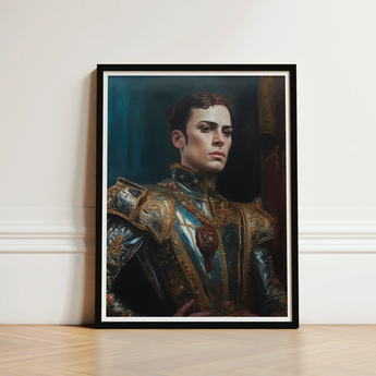 Framed Portrait Man Ornate Metallic Armor Gold Embellishments Ostentatious Military, Regal Splendor, Art Print