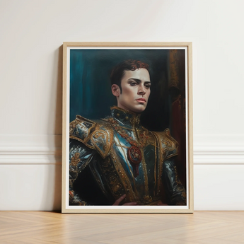 Framed Portrait Man Ornate Dark Blue Gold Armor Ostentatious Military, Regal Splendor, Art Print
